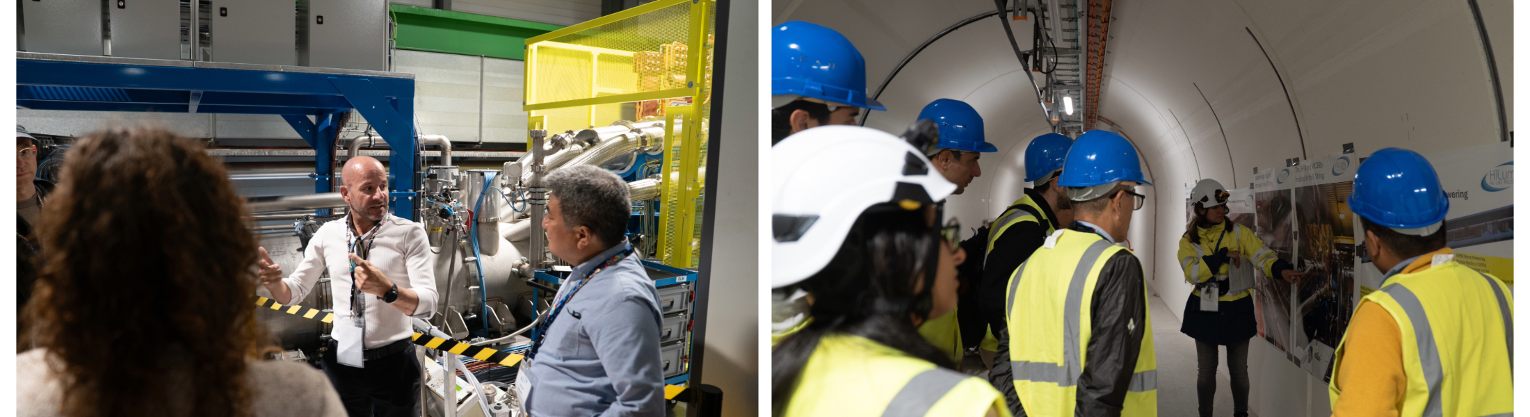 two pictures of people on tours - one in front of silver equipment and one in a tunnel