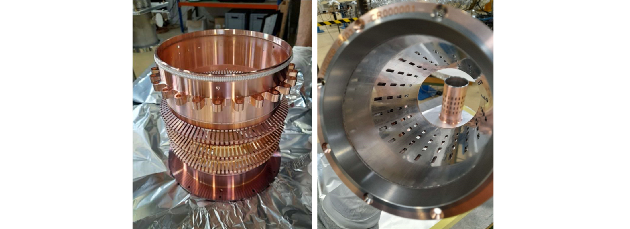 copper cylindrical equipment with appendages also in copper; inside of the cylinder which has many holes inside