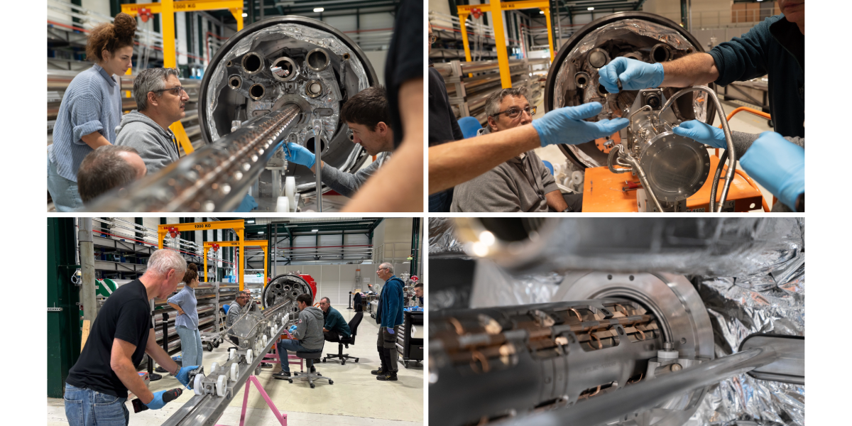 hexagonal prism being inserted into a cylindrical red structure by a team