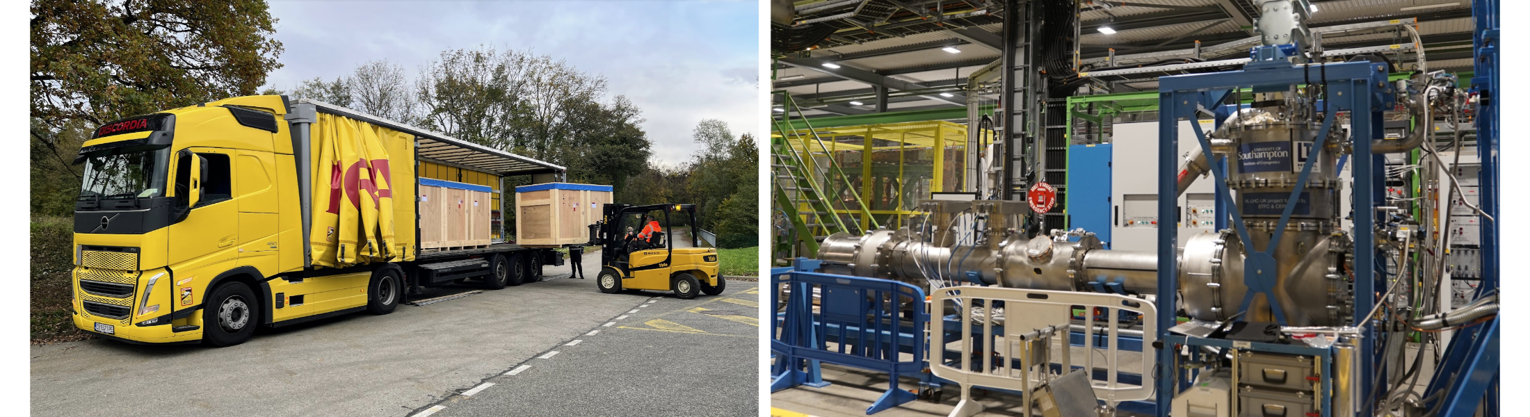 yellow truck with boxes being unloaded, and an L shaped silver equipment with blue frame around it